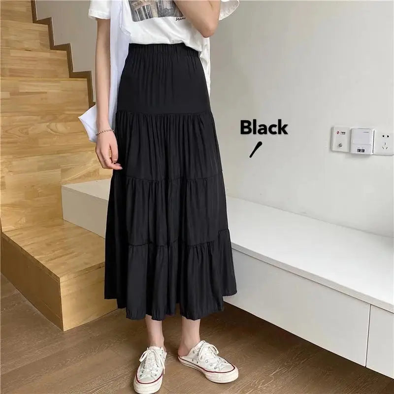 Spring Summer Women Chiffon Skirts Vintage High Waist Elastic Patchwork White Black Chic Long Cake A-line Skirt for Student