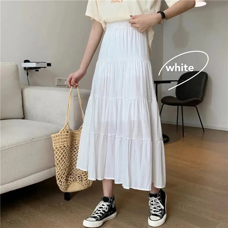 Spring Summer Women Chiffon Skirts Vintage High Waist Elastic Patchwork White Black Chic Long Cake A-line Skirt for Student