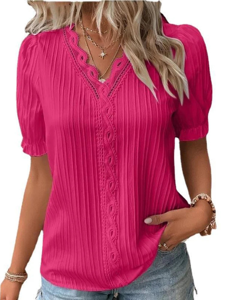 Summer Chic V-Neck Hollow Short Sleeve Blouse