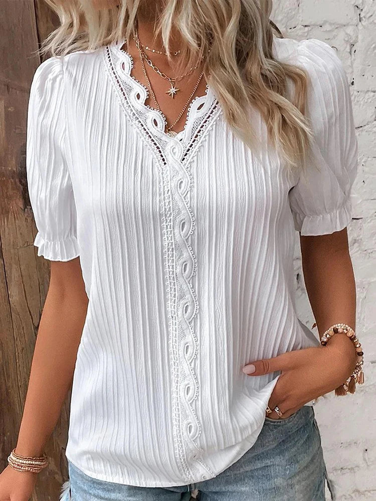 Summer Chic V-Neck Hollow Short Sleeve Blouse