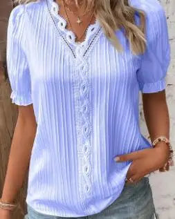 Summer Chic V-Neck Hollow Short Sleeve Blouse