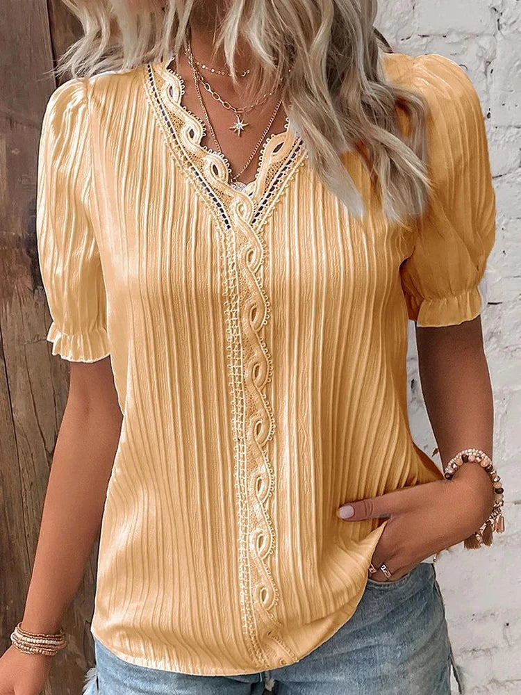 Summer Chic V-Neck Hollow Short Sleeve Blouse