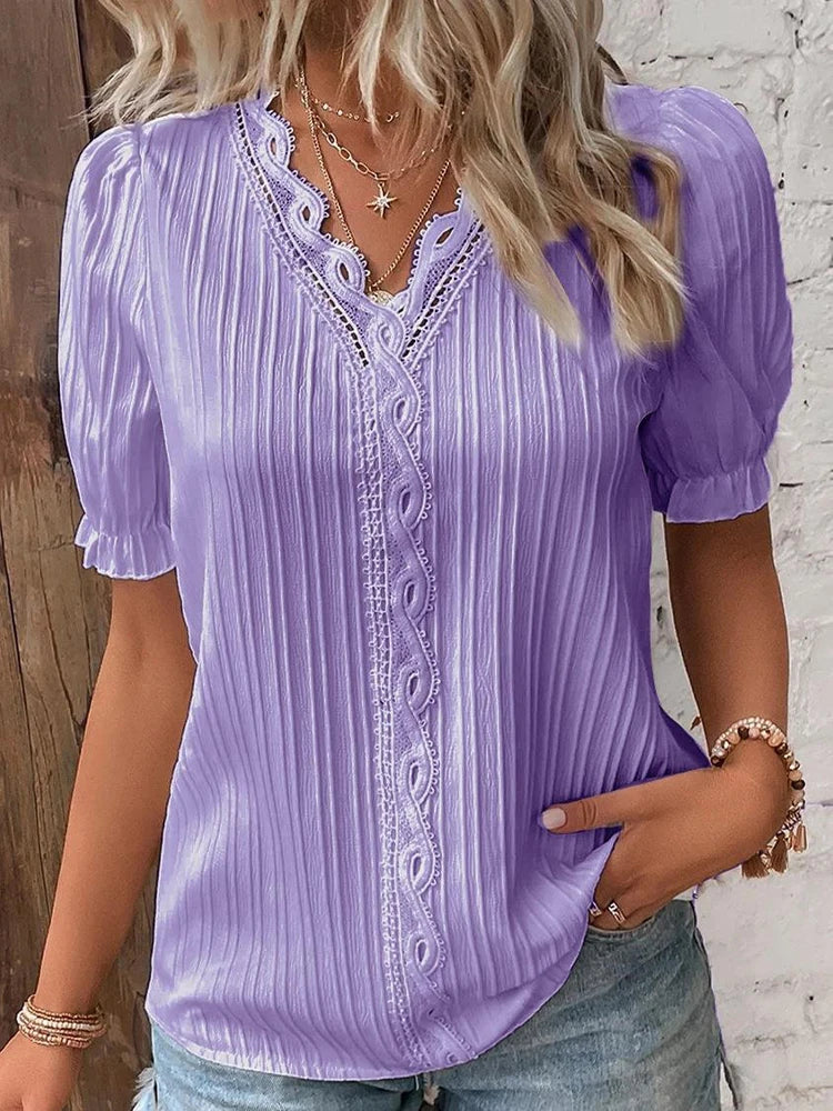 Summer Chic V-Neck Hollow Short Sleeve Blouse