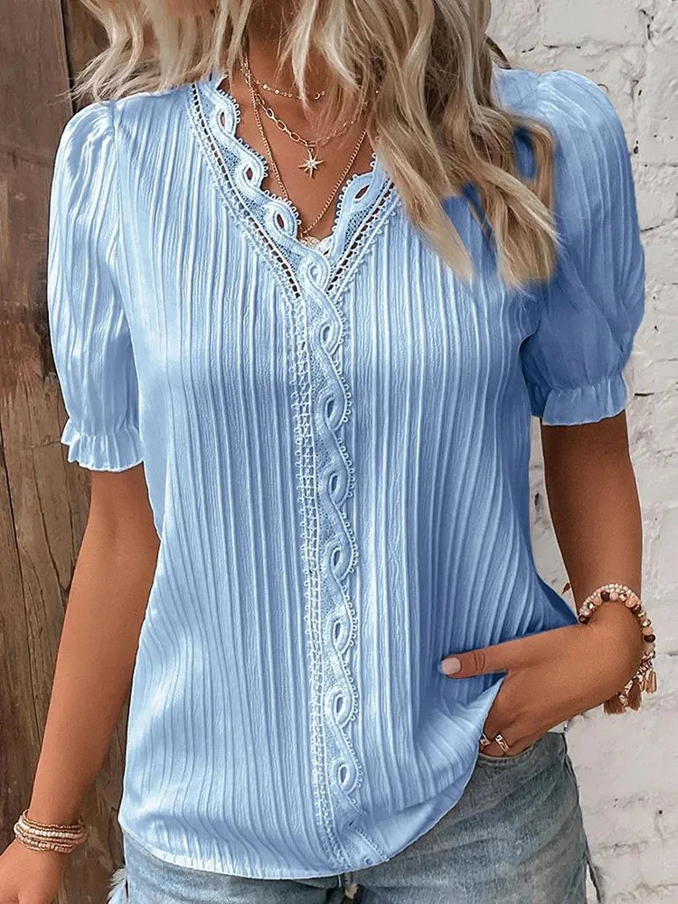 Summer Chic V-Neck Hollow Short Sleeve Blouse